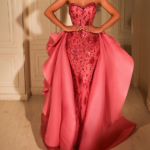 strapless coral pink sweetheart gown